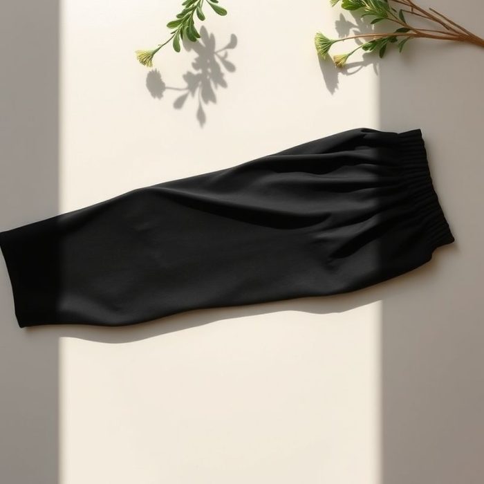 Flat lay of black jogger pants wide leg yoga pants in Australia, neatly folded on a neutral surface.