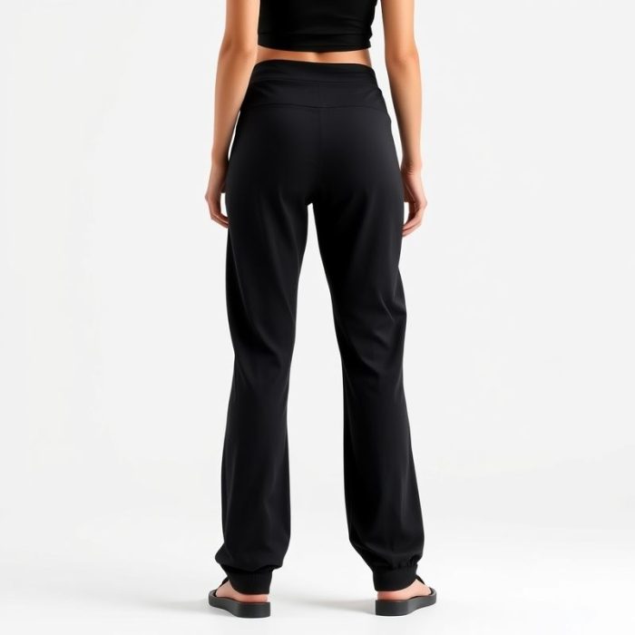 Back view of a model wearing black jogger pants wide leg yoga pants in Australia, showcasing fit on pure white background.