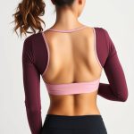 Model wearing a black long sleeve active top with seamless sports bra, back view, pastel pink, studio shot.