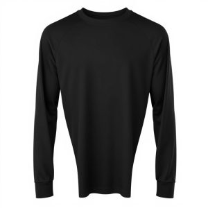 Charcoal black long sleeve gym top, activewear for workouts, on white background, hyperrealistic studio photo.