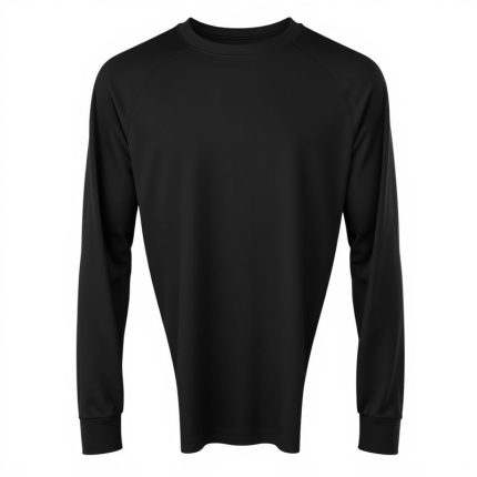 Charcoal black long sleeve gym top, activewear for workouts, on white background, hyperrealistic studio photo.