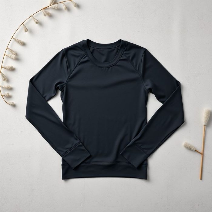 Flat lay of a charcoal black long sleeve gym top neatly folded on a clean surface, minimalist e-commerce style.