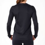 Back view of a model wearing a black long sleeve gym top in Charcoal, showcasing fit on a white background.
