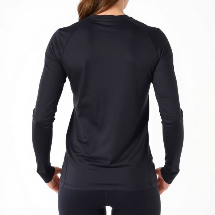 Back view of a model wearing a black long sleeve gym top in Charcoal, showcasing fit on a white background.