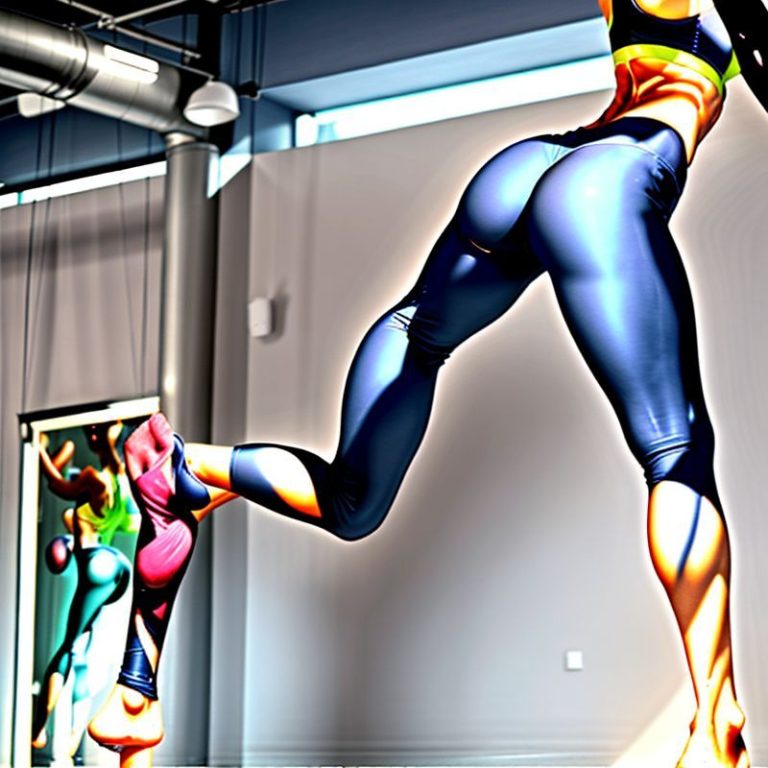 A model wearing black yoga pants seamless leggings in navy blue, posing in a bright minimalist yoga studio.