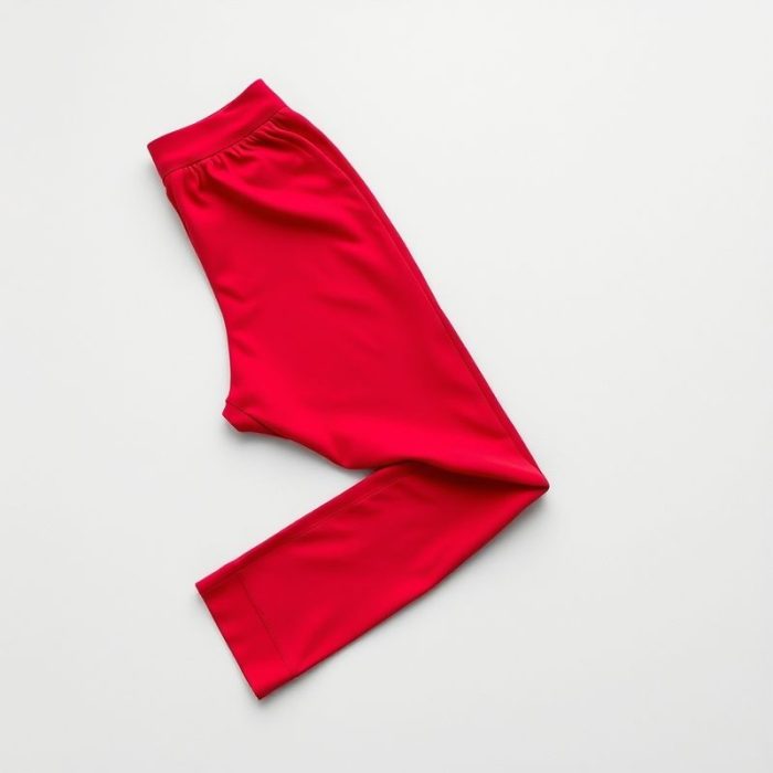 Flat lay of black yoga pants straight leg style in red, neatly folded on a neutral surface, top-down view.