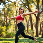 A woman in black yoga pants performing warrior II pose in an Australian park, showcasing straight leg yoga pants in motion.