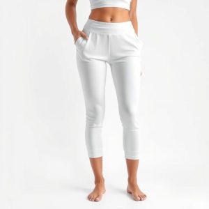 White cropped yoga pants with invisible scrunch detail, studio shot on pure white background, hyperrealistic 8k image.