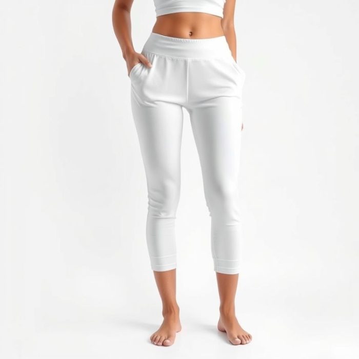 White cropped yoga pants with invisible scrunch detail, studio shot on pure white background, hyperrealistic 8k image.