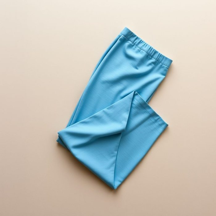 Sky Blue high waisted flare leggings folded neatly on a neutral surface, wide leg design, top-down flat lay view.