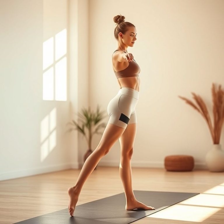 A model wearing long bike shorts with phone pockets in Beige, posing in a bright yoga studio.