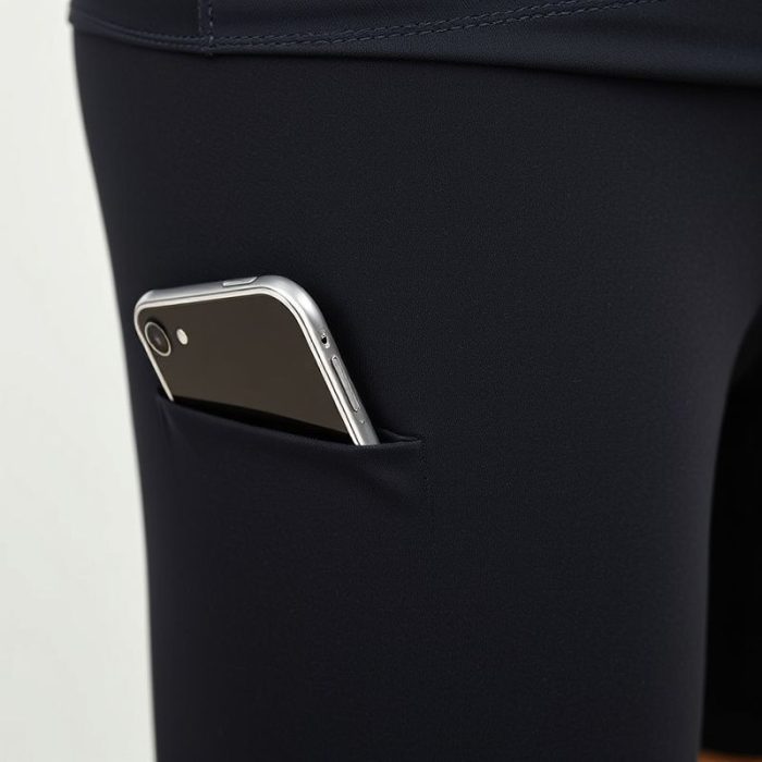 Close-up of the fabric and stitching on long bike shorts with phone pocket leggings, highlighting quality material and texture.