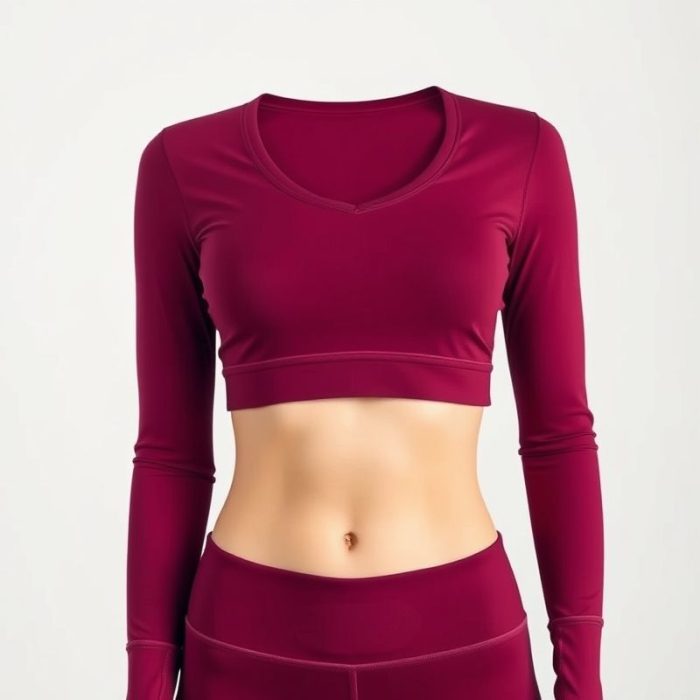 A burgundy long sleeve yoga top, cropped gym tshirt for women, on white background, hyperrealistic studio photo.