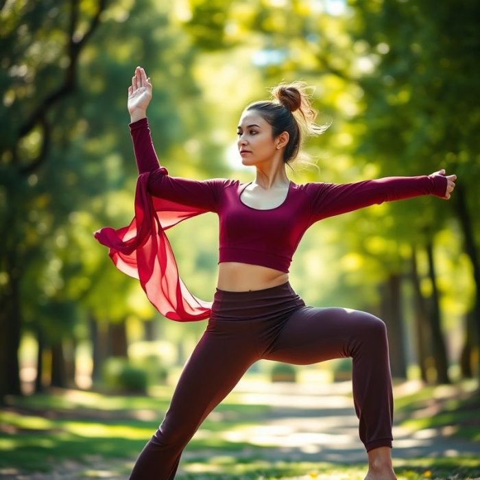 A woman in a burgundy long sleeve yoga top performing a yoga pose in an Australian park.