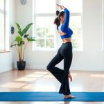 A model wearing a long sleeve yoga top womens with black flared leggings in a bright yoga studio, Royal Blue colour.