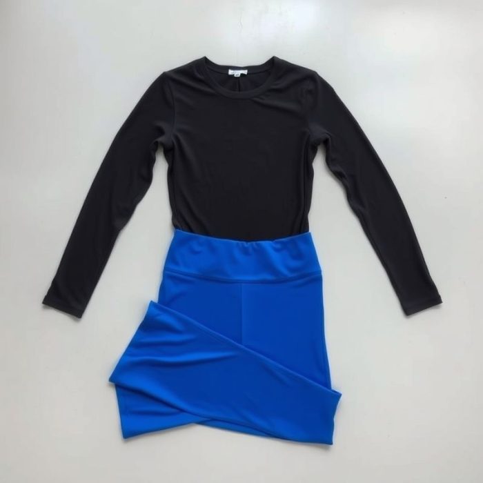 Royal Blue long sleeve yoga top womens with black flared leggings folded neatly, flat lay on neutral surface.