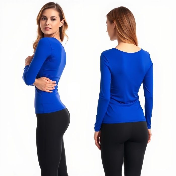 Back view of a model wearing a long sleeve yoga top womens with black flared leggings in Royal Blue, studio shot.