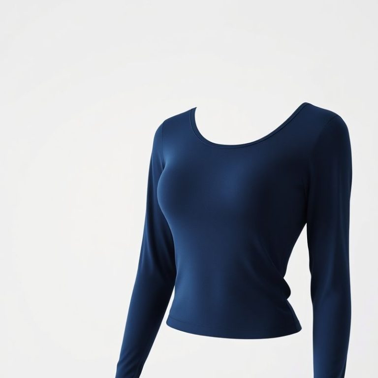 Navy Blue long sleeve yoga tops seamless tops on white background, hyperrealistic studio photo.
