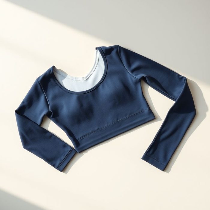 Navy Blue long sleeve yoga tops seamless tops folded neatly on a neutral surface, top-down flat lay view.