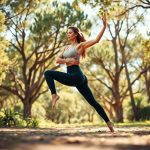 A woman in black scrunch bum activewear high-waisted leggings performing yoga in an Aussie park, beige colour.