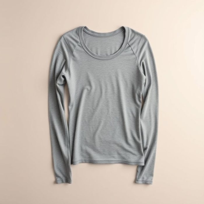 Flat lay of a Heather Grey long sleeve yoga top for women, neatly folded on a neutral surface.