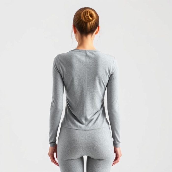 A model wearing yoga outfits for women long sleeve yoga top in Heather Grey, back view, studio shot on white background.