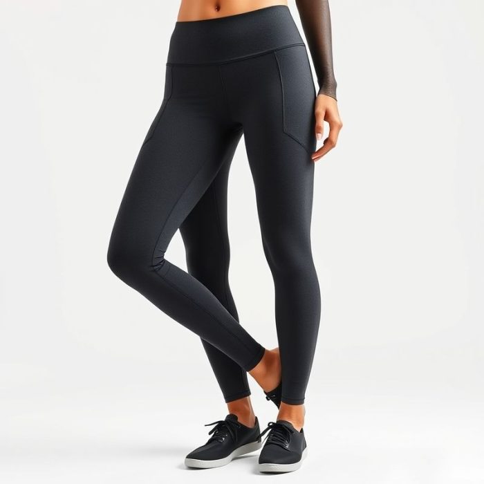 Black pocket yoga pants in charcoal colour on white background, photorealistic e-commerce product image.