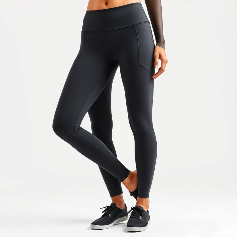 Black pocket yoga pants in charcoal colour on white background, photorealistic e-commerce product image.