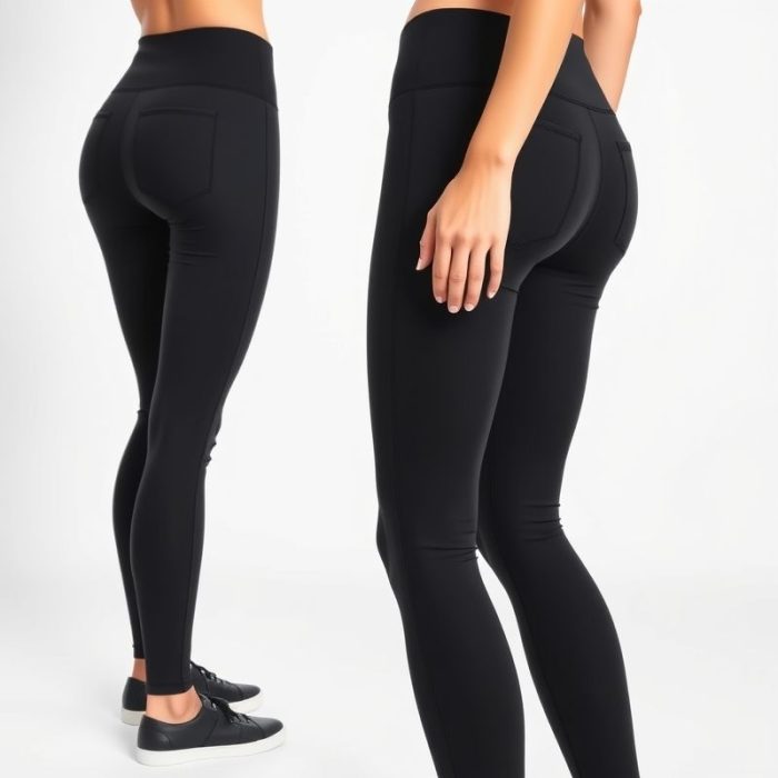 A model wearing black pocket yoga pants in Charcoal, back view, studio shot on white background.