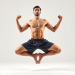 Charcoal yoga shorts in yoga pose the crow on white background, hyperrealistic 8k studio photo.