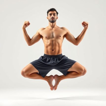 Charcoal yoga shorts in yoga pose the crow on white background, hyperrealistic 8k studio photo.