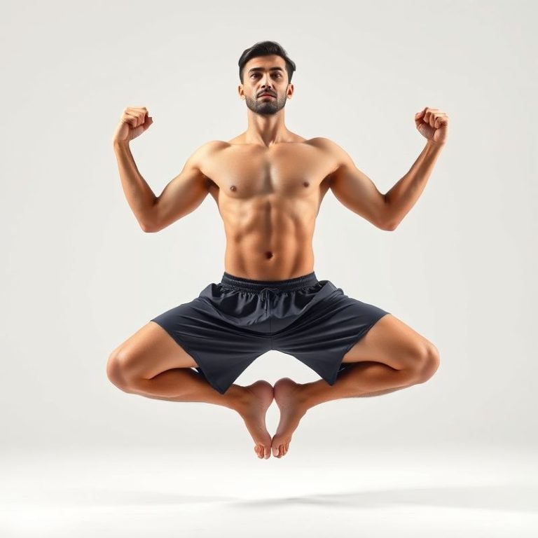 Charcoal yoga shorts in yoga pose the crow on white background, hyperrealistic 8k studio photo.