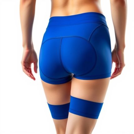 Royal Blue black bike shorts womens running shorts with tights on white background, hyperrealistic studio photo.