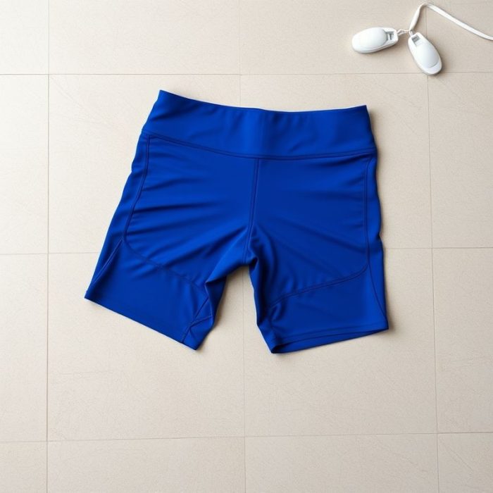 Flat lay of royal blue black bike shorts womens running shorts with tights folded neatly on a neutral surface.