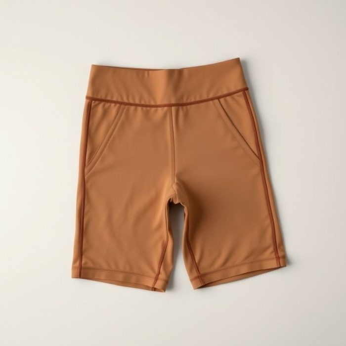 Flat lay of beige black cycling shorts leggings with pockets for women, neatly folded on a neutral surface.