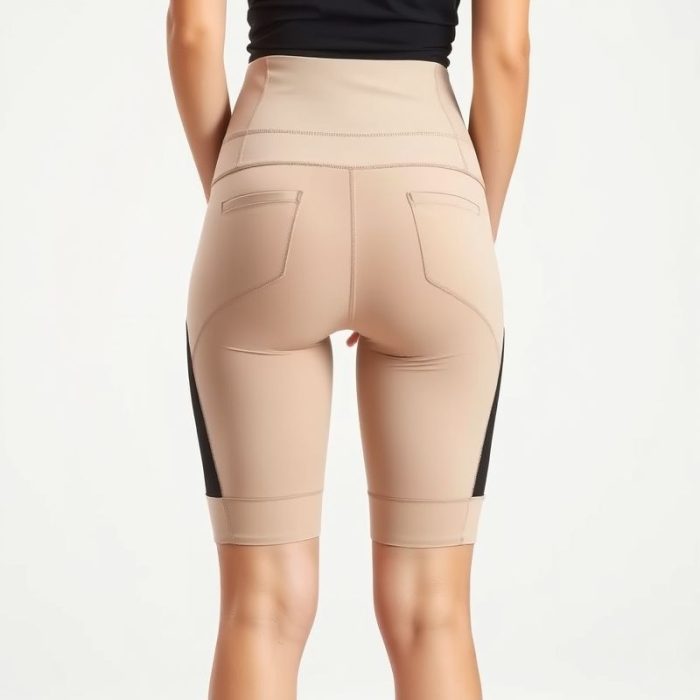 Back view of a model wearing black cycling shorts leggings with pockets in beige, studio shot on white background.
