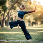 A woman in black jogger pants womens performing yoga in an Australian park, showcasing wide leg yoga pants in navy blue.