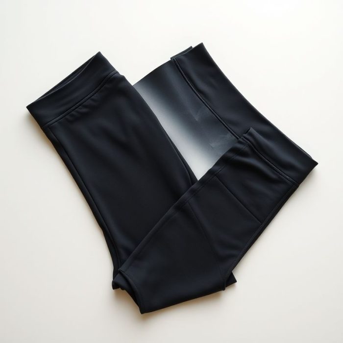 Flat lay of charcoal black pocket leggings with activewear pockets, neatly folded on a neutral surface.