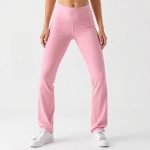 Pastel pink scrunch legging black wide leg yoga pants on white background, hyperrealistic studio photo.