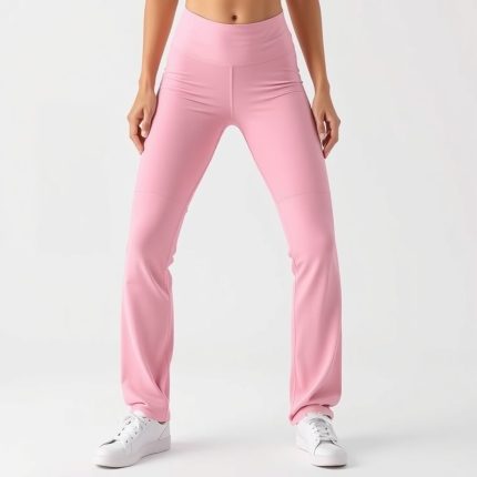 Pastel pink scrunch legging black wide leg yoga pants on white background, hyperrealistic studio photo.