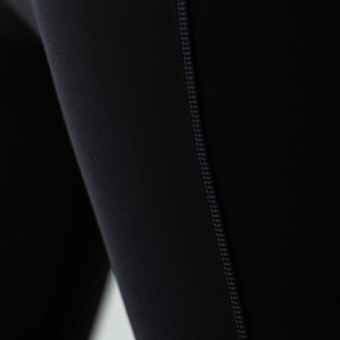 Close-up of black wide leg yoga pants scrunch legging fabric showing texture, stitching, and premium material quality.