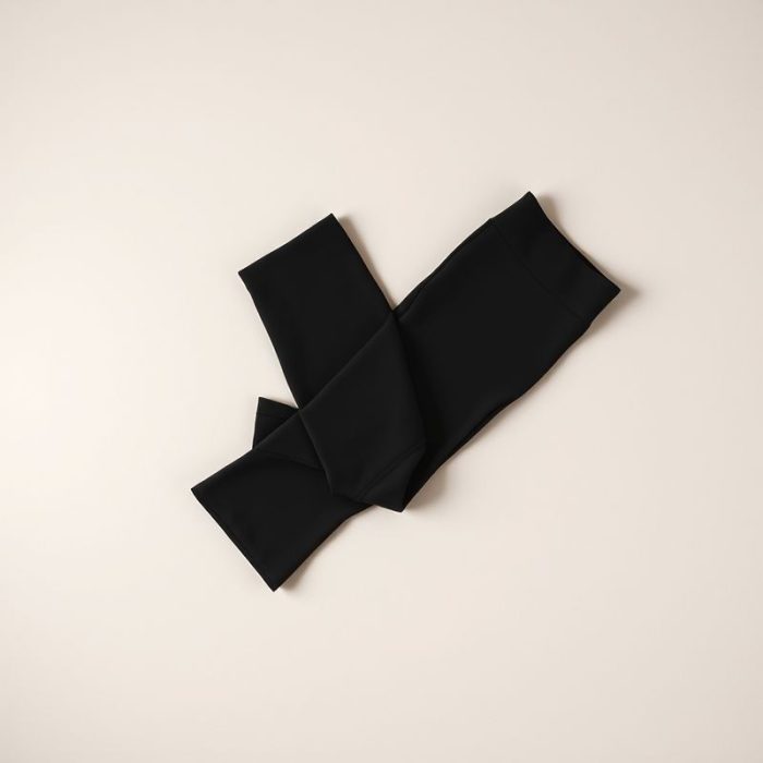 Black yoga pants flare from Luna, neatly folded in a flat lay on a clean surface.