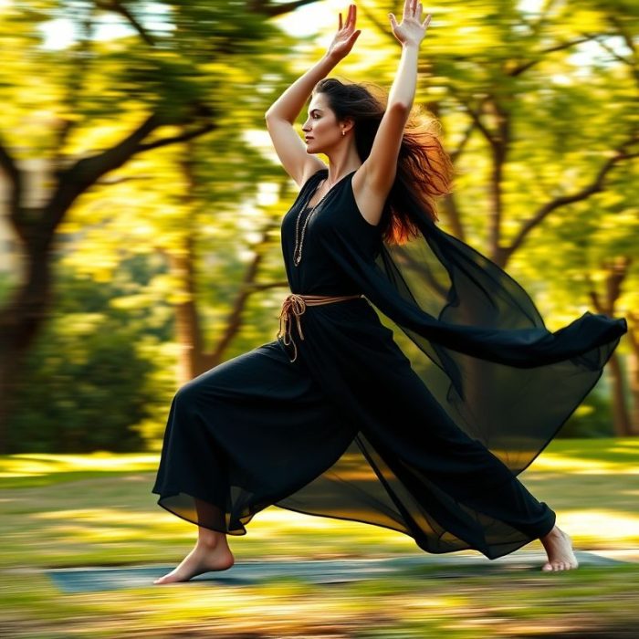 Woman in a yoga pose wearing boho clothing brand chai loose leaf top in Black.