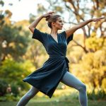 Woman in a Charcoal organic cotton wrap top performing yoga in an Australian park.