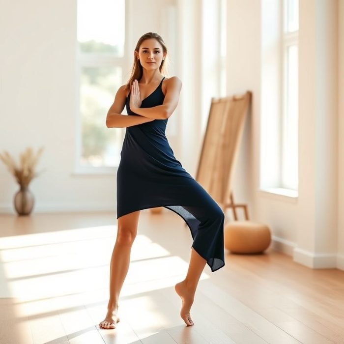 A model in a navy blue dresses drawing eco friendly yoga outfit, posing in a bright minimalist studio.