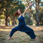 Woman in a Navy Blue eco friendly dresses drawing yoga outfit performing a pose in an Australian park.