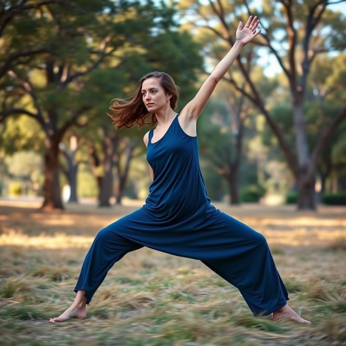 Woman in a Navy Blue eco friendly dresses drawing yoga outfit performing a pose in an Australian park.