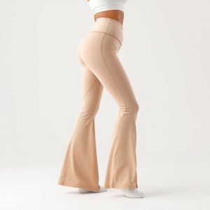 Beige flare active pants sculpting dreams, hyperrealistic studio photo on white background.