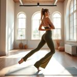 A model in olive green flare active pants made with Lenzing Ecovero, posing in a yoga studio.