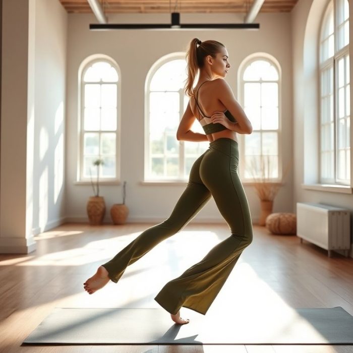 A model in olive green flare active pants made with Lenzing Ecovero, posing in a yoga studio.